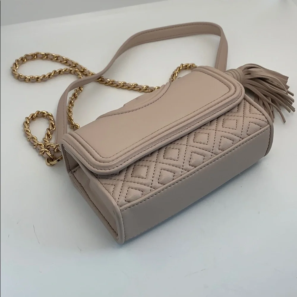 Tory Burch Leather Quilted Flap Micro Crossbody with Gold Chain and Tassel